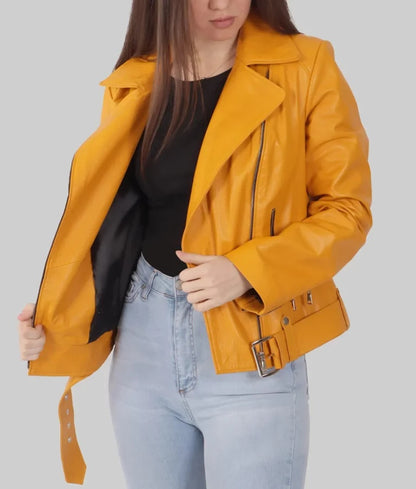 Women's Yellow Genuine Leather Biker Jacket