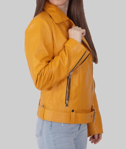 Women's Yellow Genuine Leather Biker Jacket