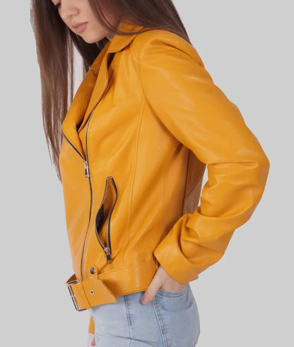 Women's Yellow Genuine Leather Biker Jacket