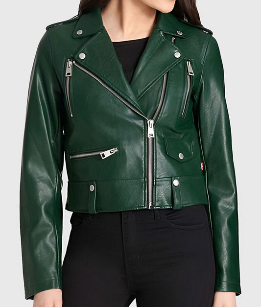 Women’s Green Genuine Leather Biker Jacket