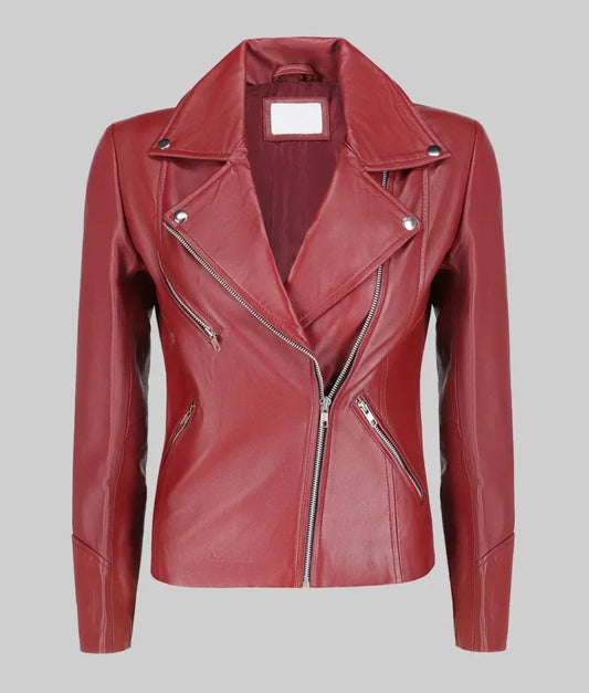 Women’s Maroon Asymmetrical Double Rider Genuine Leather Jacket