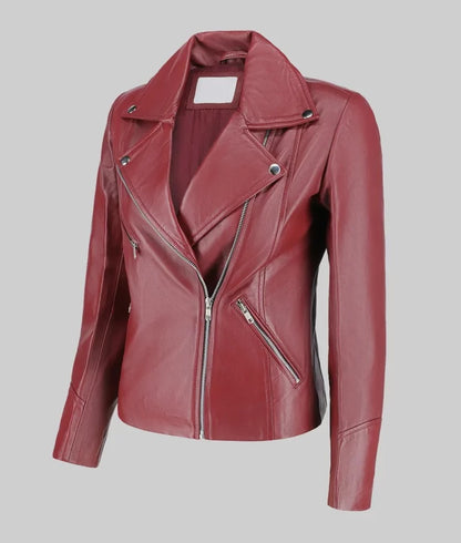 Women’s Maroon Asymmetrical Double Rider Genuine Leather Jacket