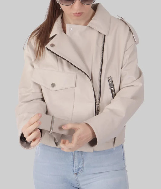 Women's Cream Genuine Leather Biker Jacket