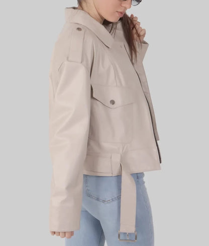 Women's Cream Genuine Leather Biker Jacket