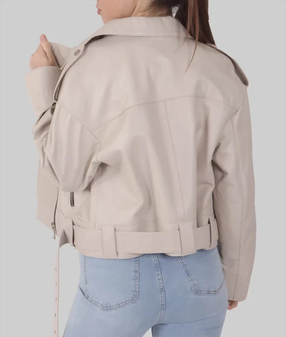 Women's Cream Genuine Leather Biker Jacket
