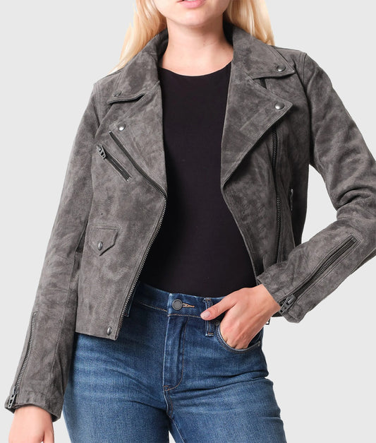Women’s Grey Suede Leather Biker Jacket