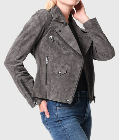 Women’s Grey Suede Leather Biker Jacket