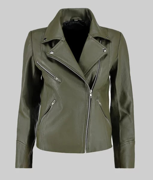 Women’s Green Moto Asymmetrical Double Rider Leather Jacket