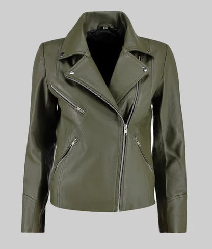 Women’s Green Moto Asymmetrical Double Rider Leather Jacket