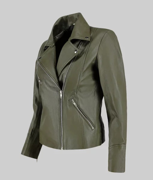 Women’s Green Moto Asymmetrical Double Rider Leather Jacket