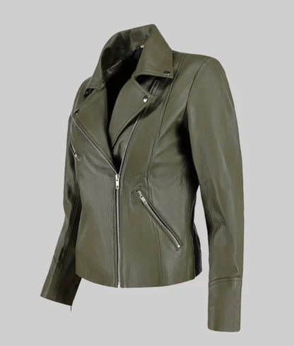 Women’s Green Moto Asymmetrical Double Rider Leather Jacket