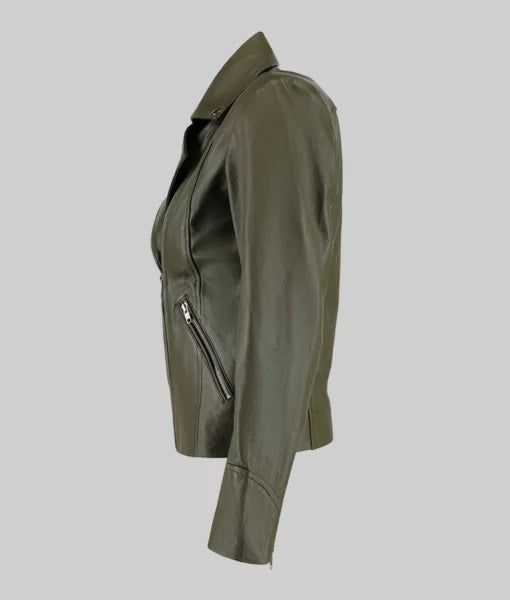 Women’s Green Moto Asymmetrical Double Rider Leather Jacket