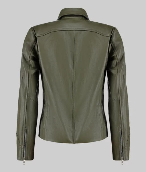 Women’s Green Moto Asymmetrical Double Rider Leather Jacket