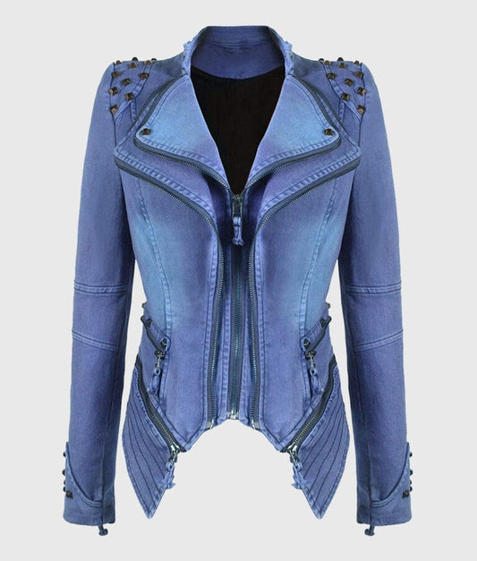 Women’s Blue Studded Biker Leather Jacket