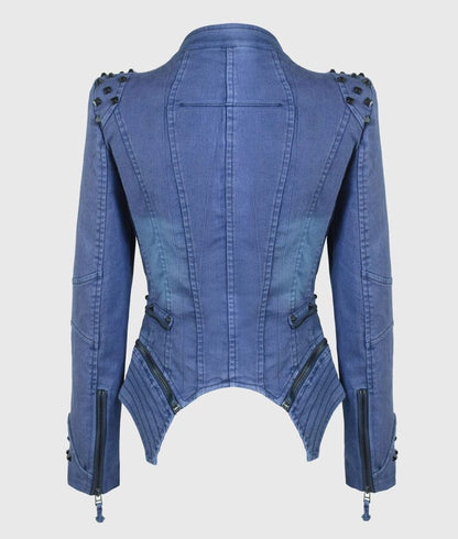Women’s Blue Studded Biker Leather Jacket