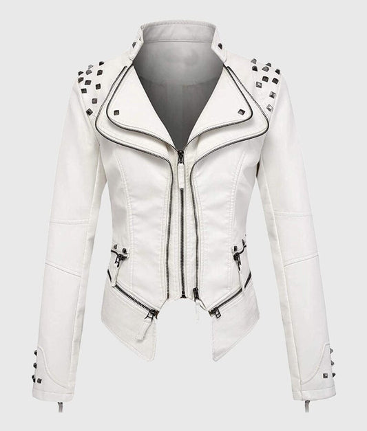 Women’s White Studded Biker Leather Jacket