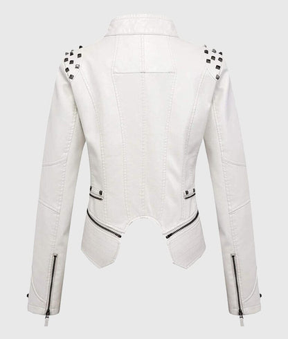 Women’s White Studded Biker Leather Jacket