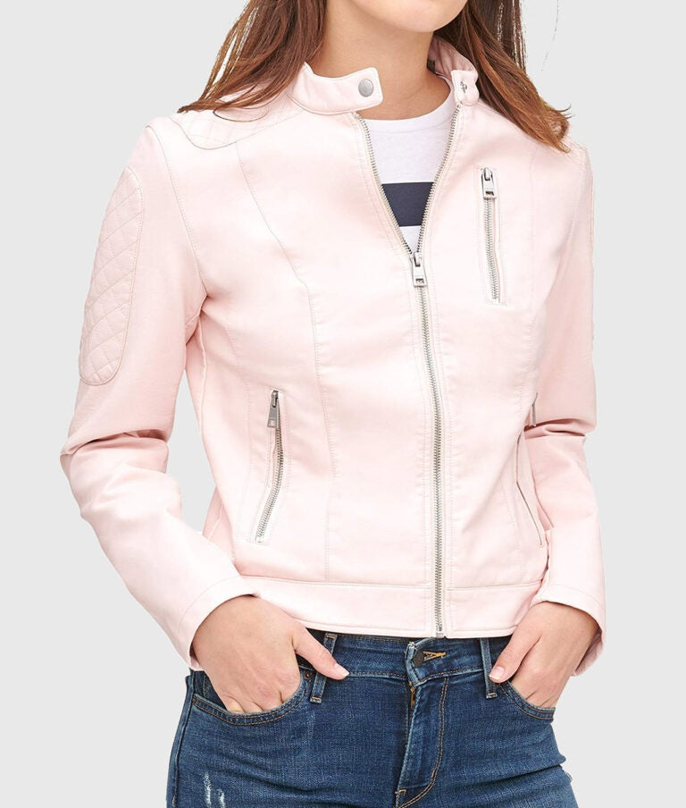 Women’s Pink Quilted Moto Café Racer Biker Leather Jacket
