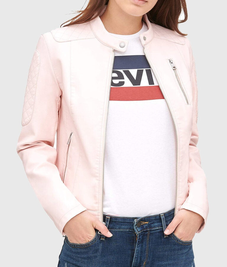 Women’s Pink Quilted Moto Café Racer Biker Leather Jacket