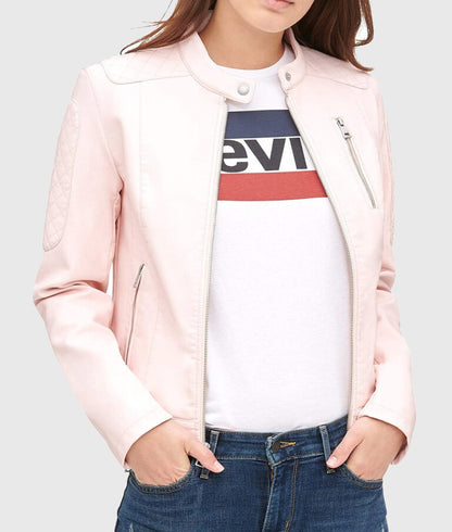 Women’s Pink Quilted Moto Café Racer Biker Leather Jacket