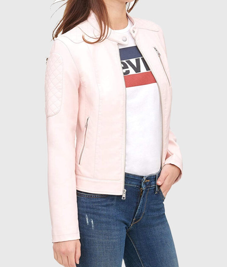Women’s Pink Quilted Moto Café Racer Biker Leather Jacket
