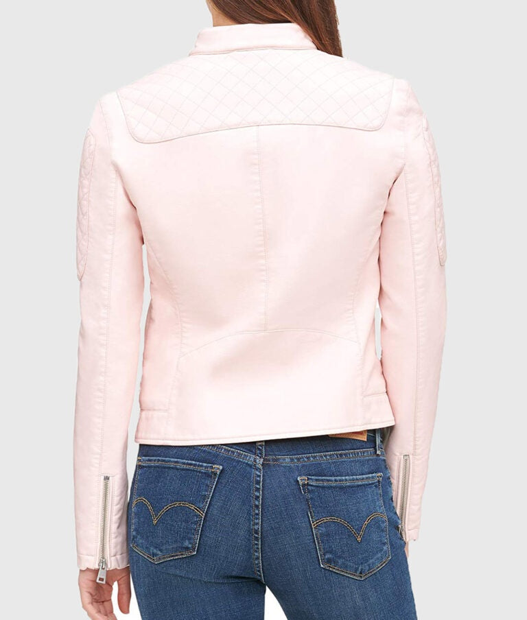Women’s Pink Quilted Moto Café Racer Biker Leather Jacket