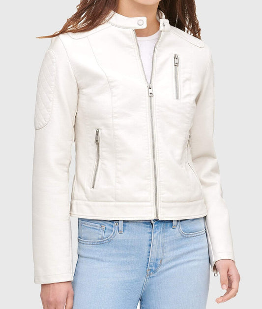 Women’s White Quilted Moto Café Racer Biker Leather Jacket