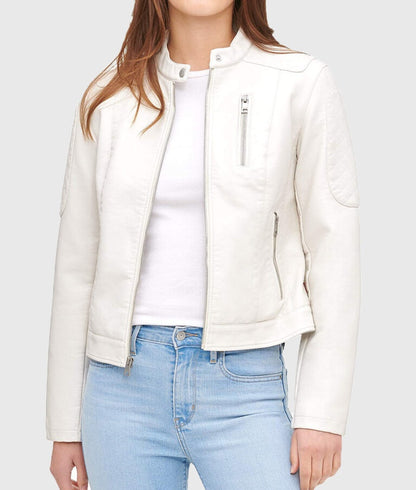 Women’s White Quilted Moto Café Racer Biker Leather Jacket