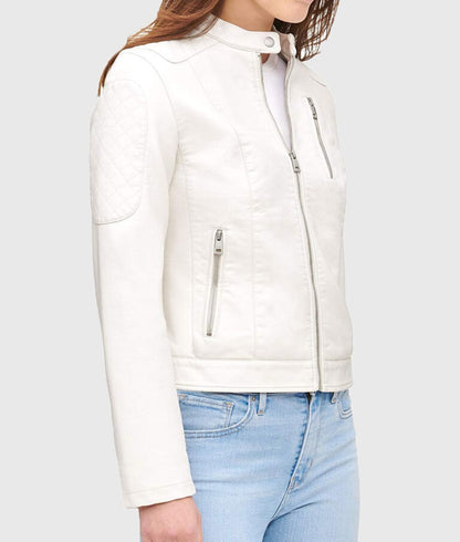 Women’s White Quilted Moto Café Racer Biker Leather Jacket