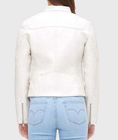 Women’s White Quilted Moto Café Racer Biker Leather Jacket