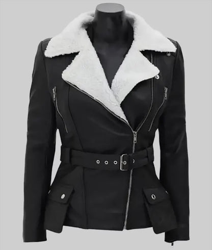Women’s Black Shearling Biker Leather Jacket