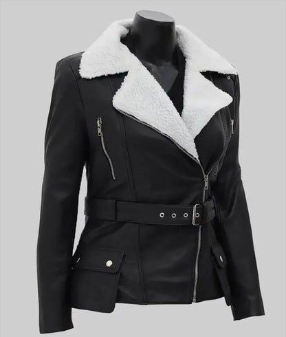 Women’s Black Shearling Biker Leather Jacket