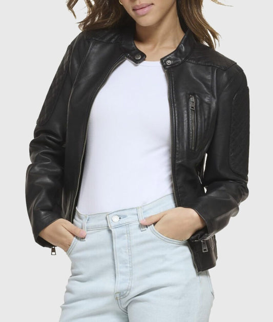 Women’s Black Quilted Moto Café Racer Biker Leather Jacket