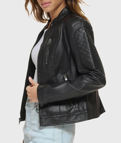 Women’s Black Quilted Moto Café Racer Biker Leather Jacket