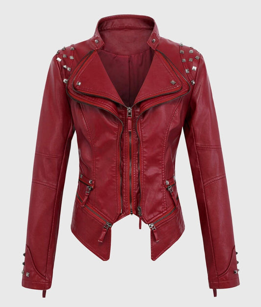 Women’s Red Studded Biker Leather Jacket