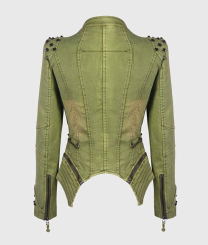 Women’s Green Studded Biker Leather Jacket