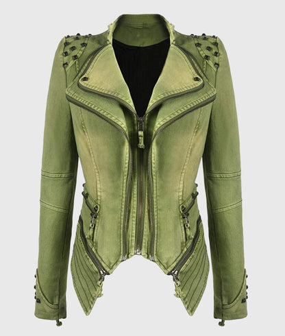 Women’s Green Studded Biker Leather Jacket
