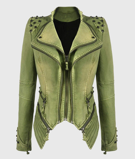 Women’s Green Studded Biker Leather Jacket
