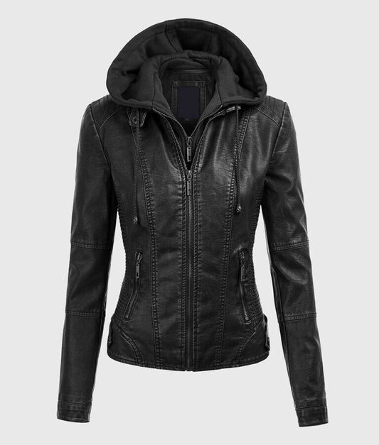 Women’s Black Detachable Hooded Leather Jacket