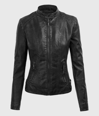 Women’s Black Detachable Hooded Leather Jacket