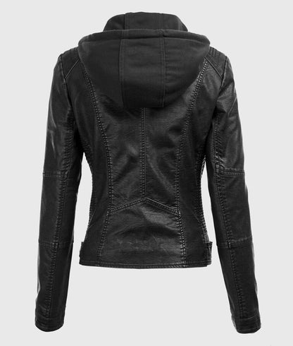 Women’s Black Detachable Hooded Leather Jacket