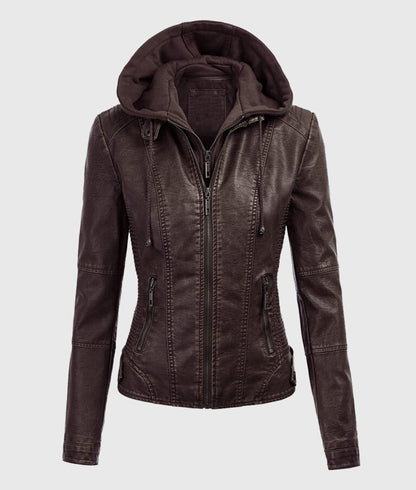 Women’s Brown Detachable Hooded Leather Jacket