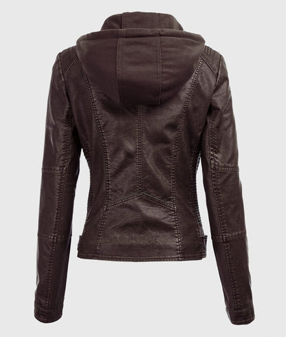 Women’s Brown Detachable Hooded Leather Jacket