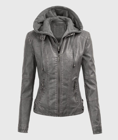 Women’s Grey Detachable Hooded Leather Jacket