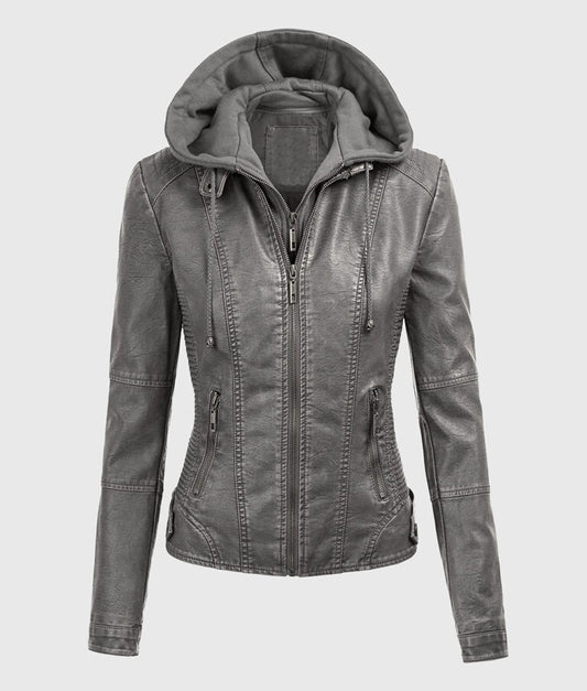 Women’s Grey Detachable Hooded Leather Jacket