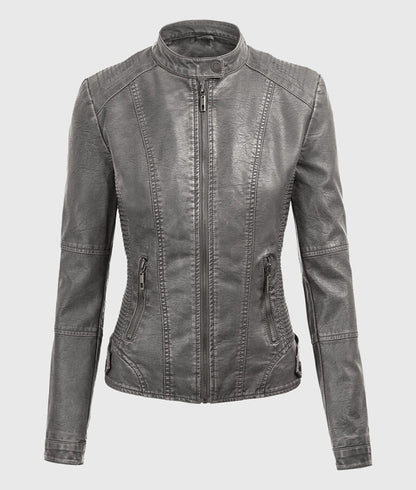 Women’s Grey Detachable Hooded Leather Jacket