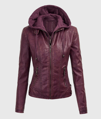 Women’s Maroon Detachable Hooded Leather Jacket