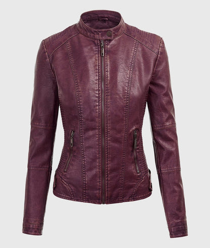 Women’s Maroon Detachable Hooded Leather Jacket