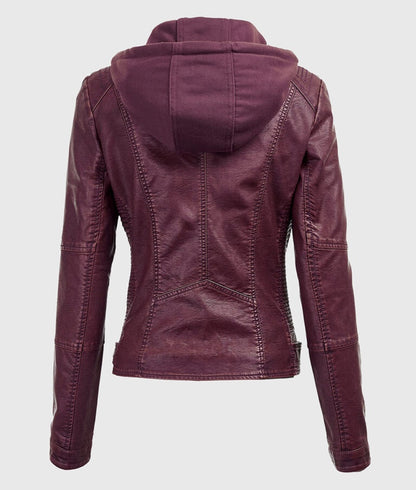 Women’s Maroon Detachable Hooded Leather Jacket