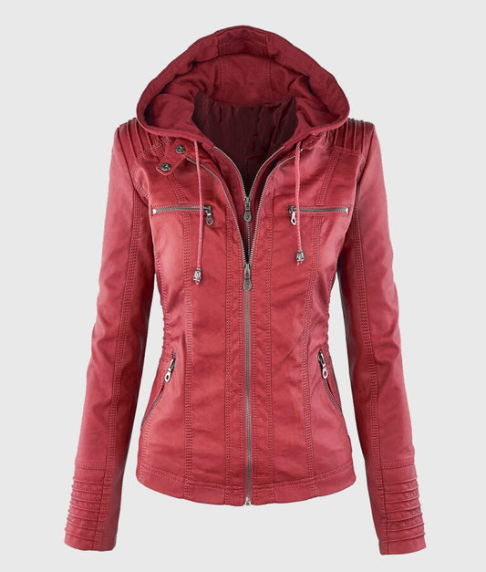 Women’s Red Detachable Hooded Leather Jacket